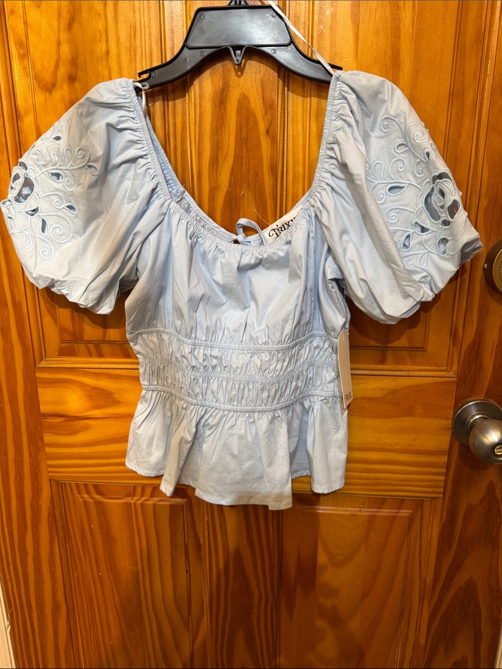 Trixxi Light Blue Puff Sleeve Peasant Blouse